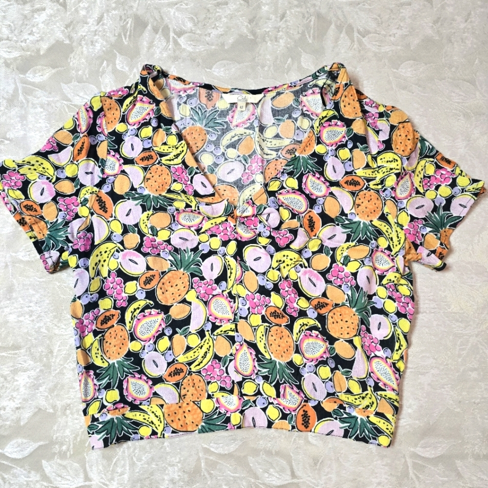 Clockhouse Women Top Cropped Size 42 Fruit Patterned Vibrant Summer 100% Viscose